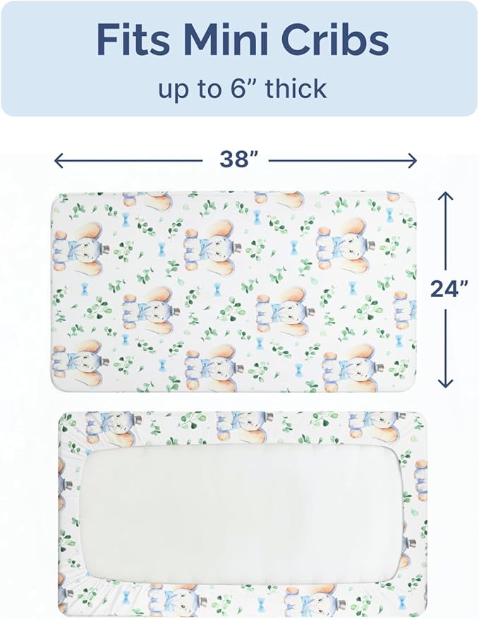 2-Pack Mini Crib Sheets Fitted - Pack N Play Sheets for Pack and Play Mattress - Stretchy Soft Microfiber Playard Bedding - Mini Toddler Bed Cover for Boys and Girls - Oeko-Tex - 38 x 24in, Elephant
