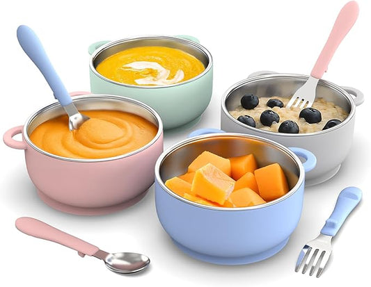 Bakpoco Toddler Feeding Suction Bowls and Utensils Set, 2-in-1 Stainless Steel 304 Kids Bowl & Silicone Suction Baby Bowl with Spoons and Forks, First Self-feeding Training Set, Sunrise Meadow