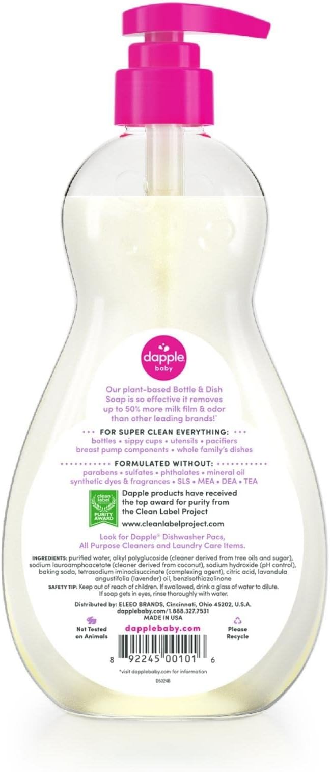 Dapple Baby Lavender Baby Bottle & Dish Soap - (3 Pack) 16.9 fl oz - Plant-Powered Dish Soap for Bottles, Pump Parts, and Sippy Cups - Includes 1 Pump