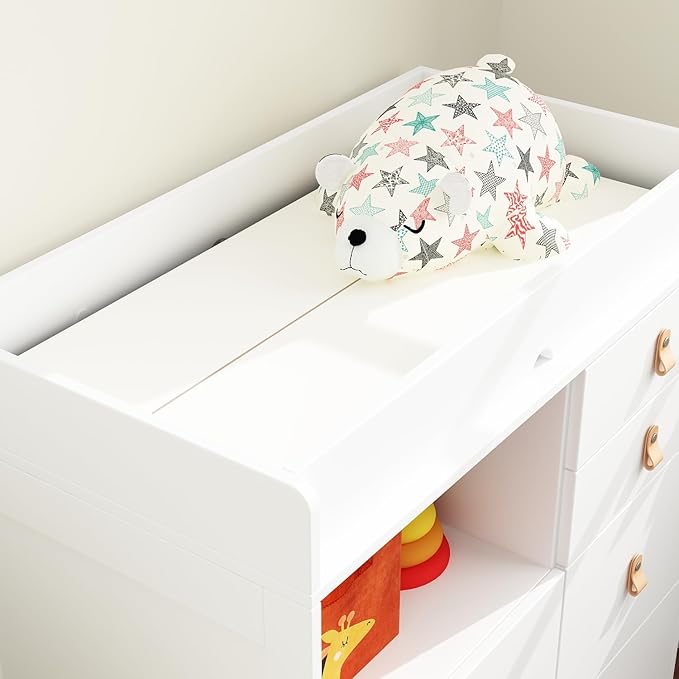 Baby Dresser with Changing Table Top, 5 Drawers Nursery Dresser with Removable Guard, Infant Diaper Changing Station Baby Cloth Organizer for Nursery and Kids Bedroom, White - 33.5" W