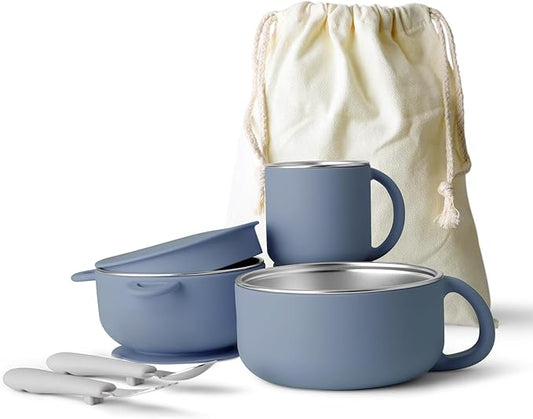 Bakpoco Kids Dinnerware Set - 6 Piese Toddler Plates and Suction Bowls Set with Kids Utensils&Cup, 2 IN 1 Stainless Steel & Silicone Baby Self Feeding Supplies, Navy