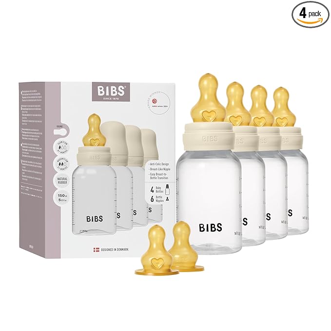 BIBS Baby Bottle 150 ml Latex Nipple 4 Pack - Anti-Colic, BPA-Free, Round Nipple, Lightweight & Easy to Clean, Suitable for Newborns 0+ Years, 4-Pack + 2 Extra Nipples - Ivory