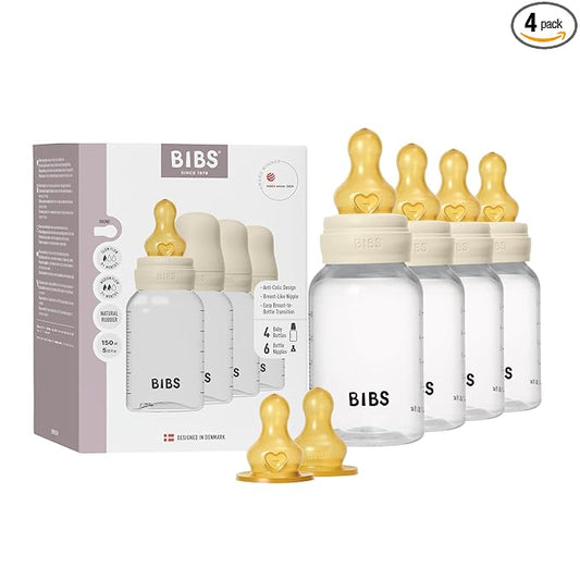 BIBS Baby Bottle 150 ml Latex Nipple 4 Pack - Anti-Colic, BPA-Free, Round Nipple, Lightweight & Easy to Clean, Suitable for Newborns 0+ Years, 4-Pack + 2 Extra Nipples - Ivory