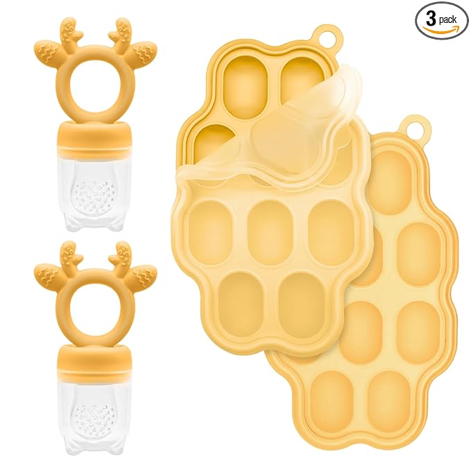 Baby Fruit Feeder and Breastmilk Popsicle Molds for Teething Relief, BPA Free Silicone Baby Food Teether Feeder Pacifier & Mini Freezer Tray with lid Teething Toys (2 Pack)