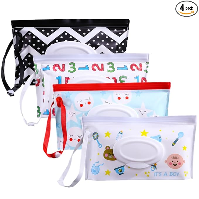 4PCS Baby Wipes Dispenser Travel Baby Wipe Holder Portable Wet Wipe Dispenser Bag Reusable Travel Baby Wipes Container Refillable Wet Wipe Carrying Case Holder Wet Wipe Pouch