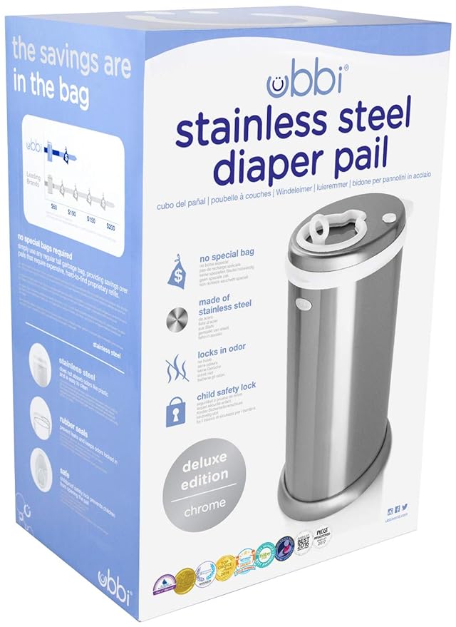 Ubbi Steel Diaper Pail, Odor Locking, No Special Bag Required & On The Go Gray Bag Dispenser with Lavender Scented Refills Baby Bundle
