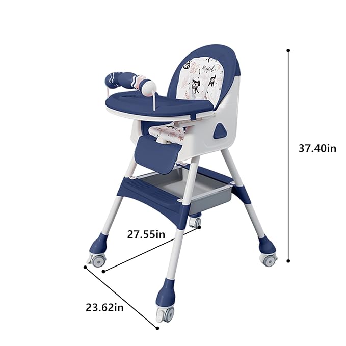 Foldable 4-in-1 Baby High Chair for Babies & Toddlers, High Chair with Detachable PU Cushion, Removable Tray, Adjustable Height, Locking Wheels,Blue
