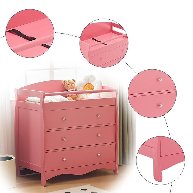 Karl home Changing Table，Dresser Baby Diaper Changing Station Infant Nursing Table with 3 Drawers, Safety Rail & Strap for Bedroom, Nursery, Pink
