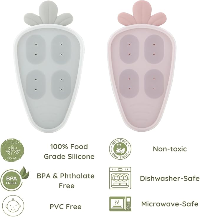 PandaEar 2 Pack Baby Food Freezer Tray with Lid, Silicone Nibble Freezer Tray, Breastmilk Popsicle Mold, Baby Food Storage Container, Carrot Design, BPA Free