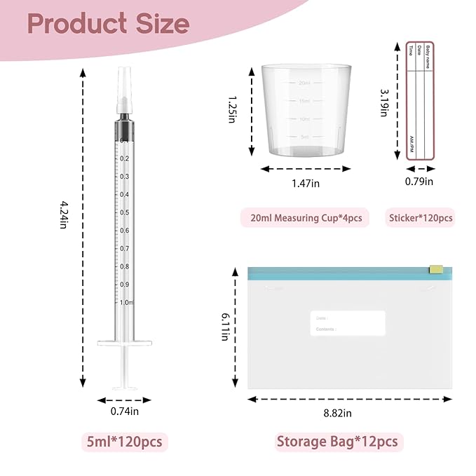 120 Sets 1ml Colostrum Collector Kit Include No Needle Colostrum Syringes with Caps 1mlx120, Stickerx120, 20ml Measuring Cupx4, Ziplock Storage Bagx12 for Breastmilk Collector
