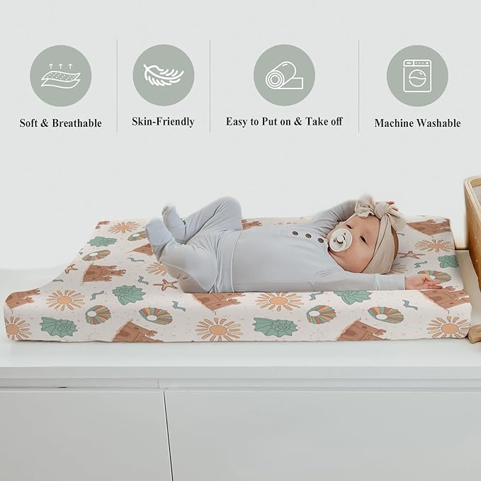 Boho Beach Summer Changing Pad Covers for Baby Girls Boys Retro Seaside Holiday Fitted Change Table Pad Covers Mats Sun Seashells Castle Soft Diaper Changing Pad Sheets for 32''×16'' Contoured Pad