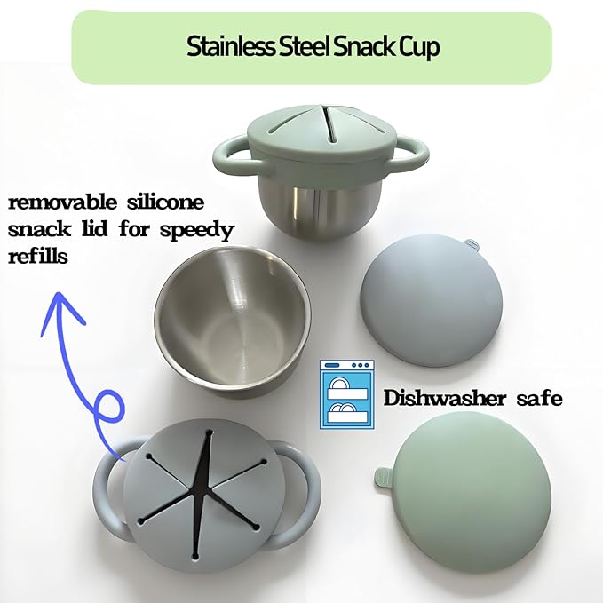 Toddler Snack Cups with Lid Spill Proof, Stainless Steel Baby Toddler Kids Snack Containers, 2 Pack Snack Catcher (Blue&Green)