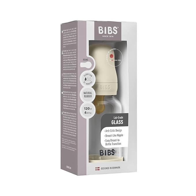 BIBS Baby Glass Bottle. 4 US fl oz / 120 ml. Anti-Colic. Vented Round Natural Rubber Latex Nipple. Supports Natural Breastfeeding, Slow Flow, Complete Set - Ivory
