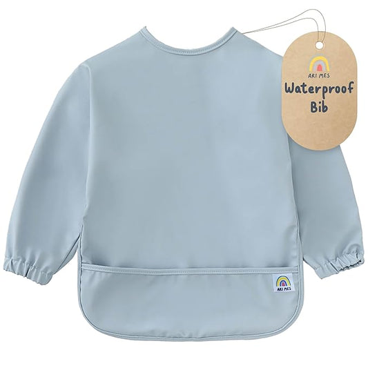 ARI MES Waterproof Long Sleeve Baby Bib for Eating-Blue, Medium-Toddler Smock with Catch-All Pocket, BPA Free, Machine Washable, Wearable Feeding Bib for Boys & Girls 6-72 Months