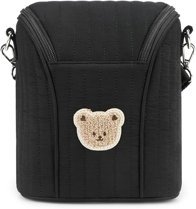 Lmbabter Embroidered Bear Stroller Organizer Tote Bag, Bottle Insulation Pouch, Portable Cooler Storage Essential for Milk/Breast Pump,Baby Travel Supplies (Black)