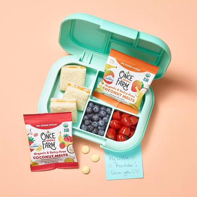 Once Upon A Farm Organic Coconut Melts Variety Pack with Probiotics, Strawberry Banana, Mango Ba-nilla, Dairy Free, Non GMO, Kosher, .25 oz (Pack of 30)