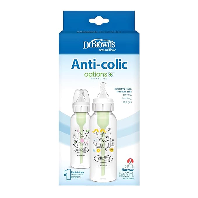 Dr. Brown's Natural Flow Anti-Colic Options+ Narrow Baby Bottle, Squirrel & Goat, 8 oz/250 mL, with Level 1 Slow Flow Nipple, BPA free, 0m+, 2-Pack and Preemie Flow 6-Pack Nipples