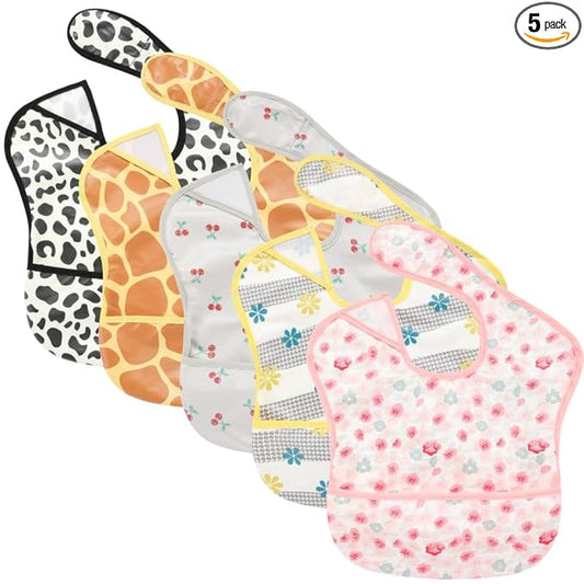 TSD Baby Bibs Waterproof Feeding Bibs 5pack Adjustable Mealtime Poctet Bib for Newborn Toddler Infant Easy Clean Durable Baby Essentials Shower Gift