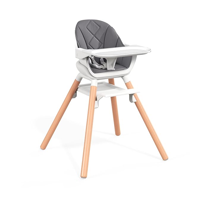 Baby High Chair, 6 in 1 Convertible High Chairs for Babies and Toddlers, Easy Clean Highchair with Removable Double Tray, 5-Point Harness, Reversible Footrest, Beech Wood Legs, Grey