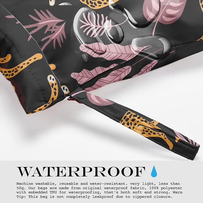 Wet Dry Bag for Swimsuit, Travel, Beach, Pool, Diapers, Gym Clothes, Makeup, Camping Accessories - Waterproof Reusable Jungle Tropical Leaves Cheetah Print