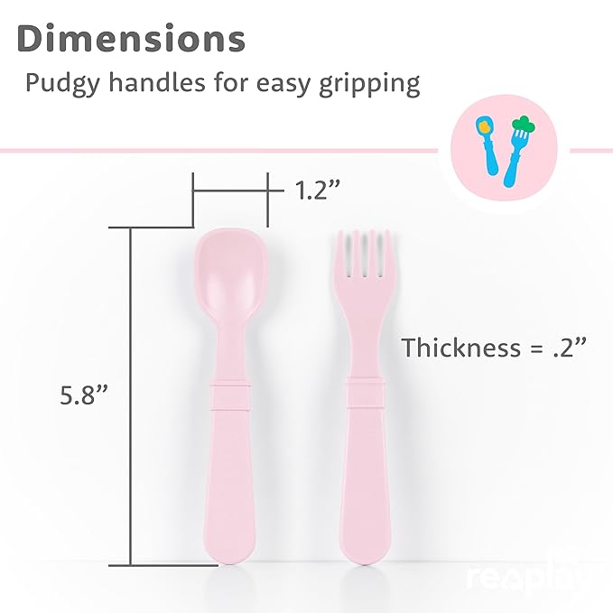 Re-Play Toddler Forks and Spoons Set - 4x4 Utensils for Kids with Case - Dishwasher and Microwave Safe - Made in USA - Set of 8-5.8" x 1.2" x 0.2" - Blossom