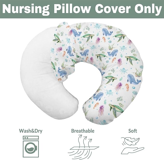 Boho Sea Animals Baby Nursing Pillow Covers for Boy Girl Sea Horse Turtle Whale Jellyfish Coral Nursing Pillow Slipcovers for Breastfeeding Pillows Soft Stretchy Removable Covers for Newborn Infant