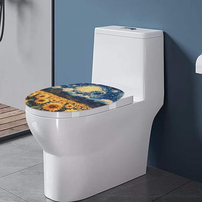 Starry Night Sunflower Toilet Cover Elastic Edges Seat Covers Soft and Breathable Toilet Lid Covers for Bathroom Fits Most Toilet Lids Covers，Oil Painting Bathroom Decoration