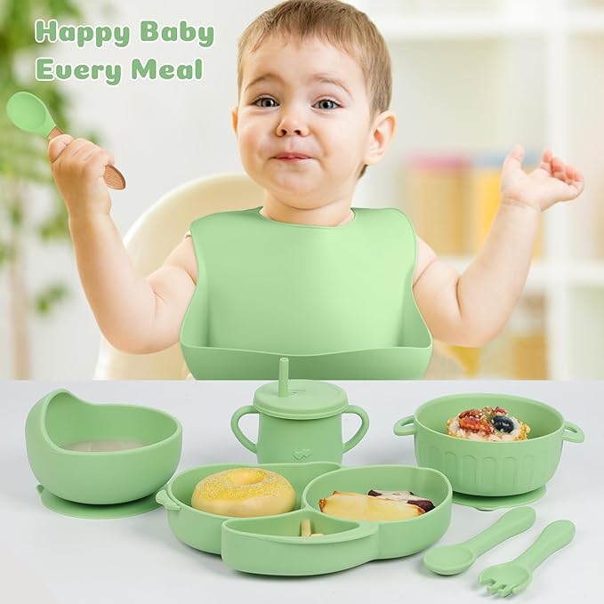 Silicone Baby Feeding Set 15 Pcs，Baby Spoons Suction Bowl Divided Plate Bib Cup Finger Brush Training cups,Baby Led Weaning Supplies（green）
