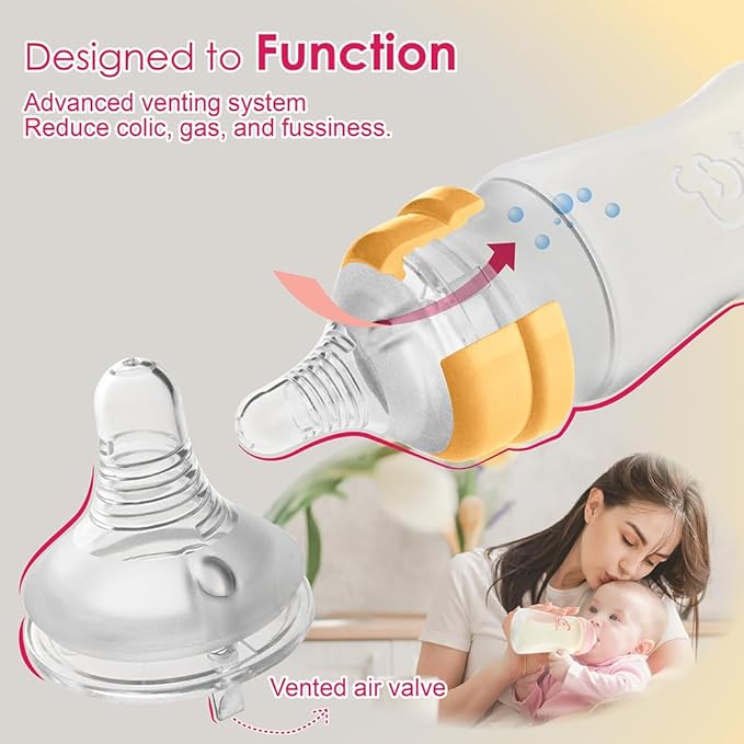 Nenesupply Silicone Baby Bottles Newborn Feeding Bottles Slow Flow Breastfeeding Bottle for Breastfed Babies Wide Neck 8oz Anti Colic Level 2 Nipple for 1+ Month Infant Replace Spectra Bottle Pumping