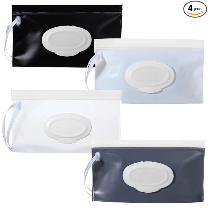 4 PCS Baby Wipe Case Set, Portable Reusable Wipes Pouches, Baby Wipe Holder Travel Travel Wipes Dispenser, Refillable Case for Convenience (White, Gray, Black, Transparent)