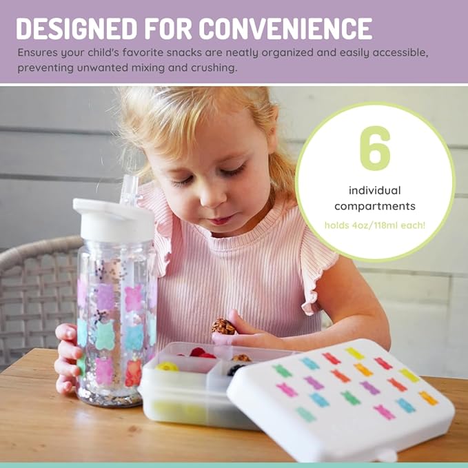melii Snackle Box | 6-Compartment Divided Snack Container, BPA-Free Food Storage with Removable Dividers for School, Travel & On-the-Go Snacking (Gummy Bears)