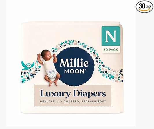 Millie Moon Luxury Disposable Baby Diapers Newborn Size I 30 Count I Ultra Soft Comfort, Absorbent Core for Day & Night Use, Wetness Indicator, Gentle Materials, Secure Fit