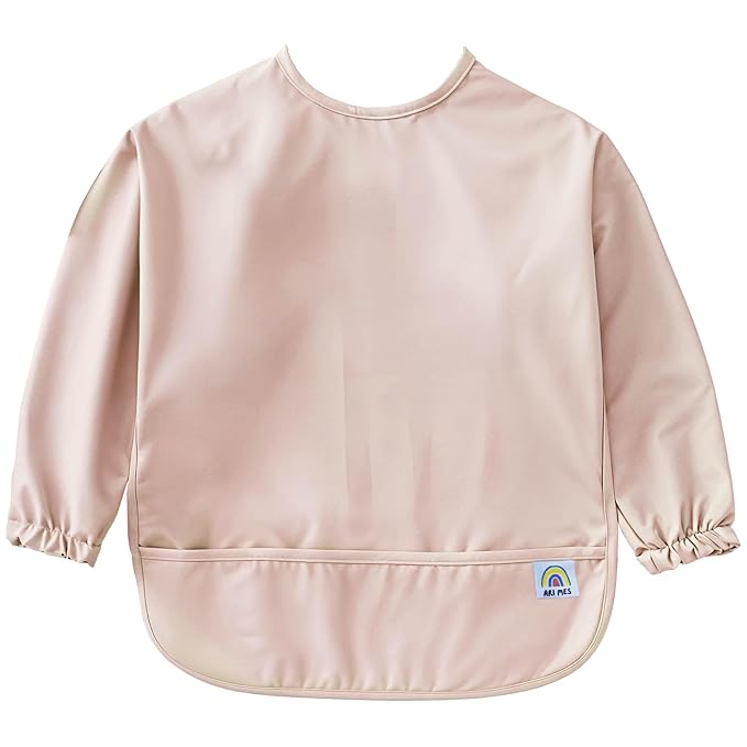 ARI MES Waterproof Long Sleeve Baby Bib for Eating-Pink, Medium-Toddler Smock with Catch-All Pocket, BPA Free, Machine Washable, Wearable Feeding Bib for Boys & Girls 6-72 Months