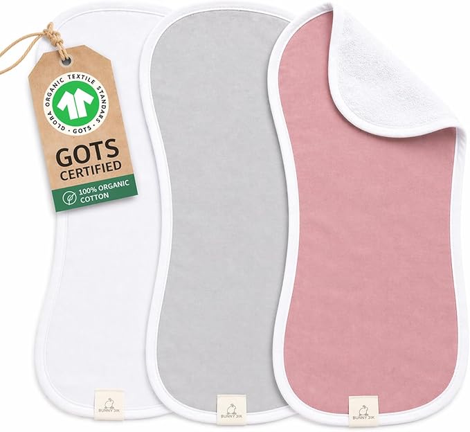 GOTS Organic Cotton Burp Cloths Baby Boy & Girl – 3 Pack Organic Cotton Burp Cloth for Babies, Soft & Plush Long Stable Turkish Cotton for Newborn, Baby Essentials (Blush Mist Collection)
