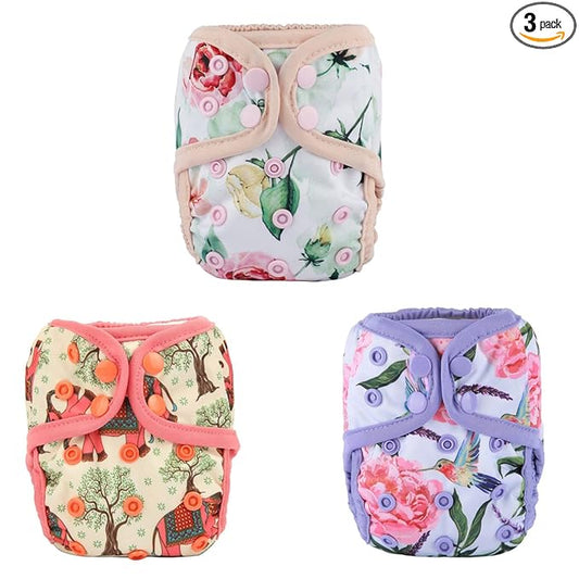 3 Newborn Baby Diaper Covers Nappies 8lbs-11lbs for Girls (Elephant Tree)