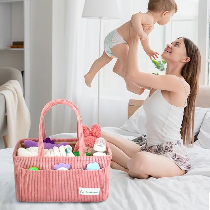 Buzz&Bloom Baby Diaper Caddy Organizer, Stylish Storage Basket for Newborn Essentials and Diaper Station, Gift for Baby Shower and Registry Must-Have (Pink)
