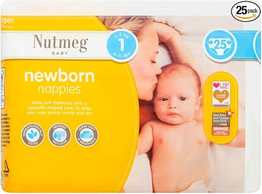 Nutmeg Baby Newborn Size 1 2-5kg/4-11lbs 25 Nappies