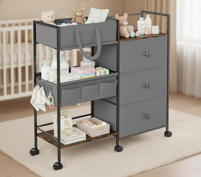 3-Tier Baby Diaper Caddy Organizer and Storage Cart, Baby Essentials with 2+2 Dividers and 3 Drawers, Large Capacity Rolling Cart for Nursery Storage, Diaper Caddy Cart for Crib, Bedroom, Bathroom