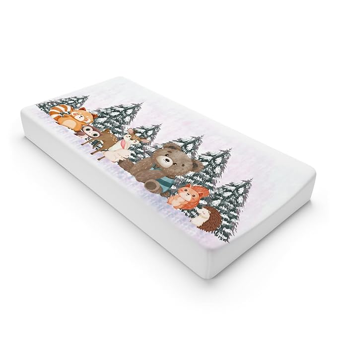 Cute Animals Pine Trees Baby Changing Pad Covers Bear Raccoon Squirrel Deer Rabbit Hedgehog Owl Unisex Diaper Change Table Sheets for Boys Girls Soft Stretch Changing Mat Sheets 32''x16''