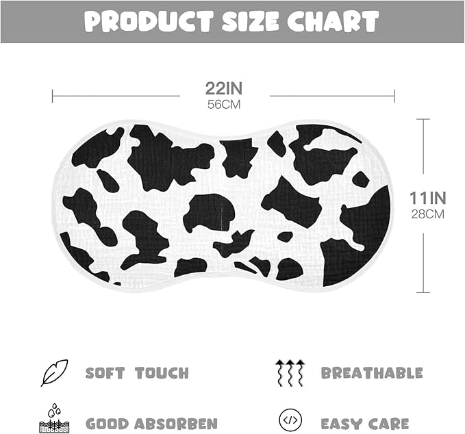 Muslin Burp Cloths for Baby Boys and Girls - 1-Pack Ultra Absorbent Cow Print Muslin Washcloths, Newborn Towel, Milk Spit Up Rags, Burp Cloth Bib for Unisex, 22 x 11 Inch