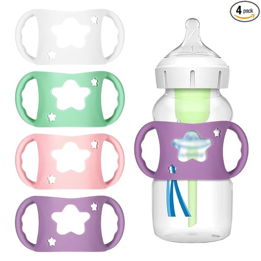 4 PCS Handles for Dr Brown Bottles,Durable Food-Grade Silicone Material Baby Bottle Holder,Cute Star Shape Design,Allows Baby to Hold The Bottle Themselves Easily(Green,Purple,Pink,White)