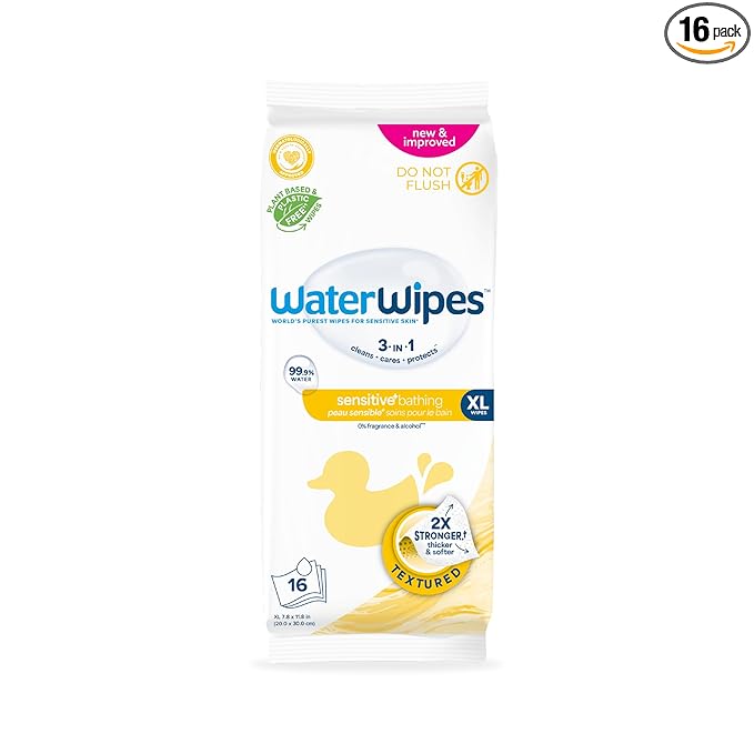 WaterWipes Sensitive+ Bathing Wipes, 3-In-1 Cleans, Cares, Protects, 99.9% Water, Unscented & Hypoallergenic, 16 Count (1 Pack)