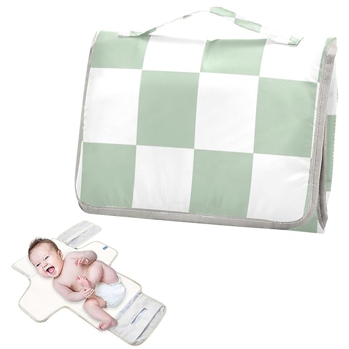 Portable Diaper Changing Pad Travel Baby Changing Mat Waterproof Diaper Changing Mat Foldable Lightweight Baby Changer with Built-in Pillow Checkered White and Green