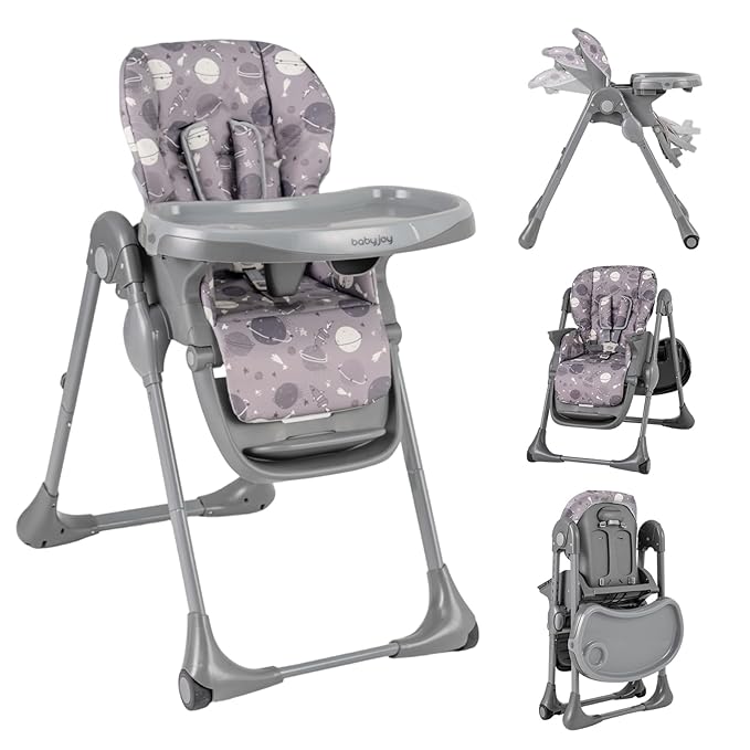 BABY JOY Foldable High Chair, Portable Highchairs for Babied and Toddlers with Adjustable Height, Backrest & Footrest, Double Removable Tray, Built-in Wheels, Baby Feeding Chair for 6-36 Months