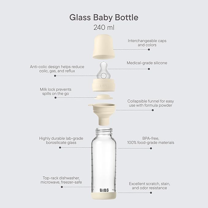 BIBS Baby Glass Bottle. 8 US fl oz / 240 ml. Anti-Colic. Vented Round Silicone Nipple. Supports Natural Breastfeeding, Medium Flow, Complete Set - Blush