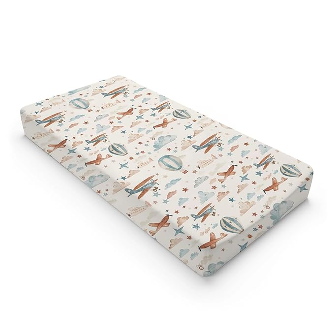 Watercolor Planes Stars Cloud Hot Air Balloon Pattern Baby Changing Pad Cover, Unisex Plane Nursery Diaper Changing Table Pad Mat Sheet for Boys Girls-16x32