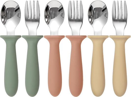 Eascrozn 6 Pack Toddler Utensils, kids Silverware with Silicone Handle, 18/8 Stainless Steel Children Safe Spoons and Forks Set Baby Feeding Essentials, Dishwasher Safe