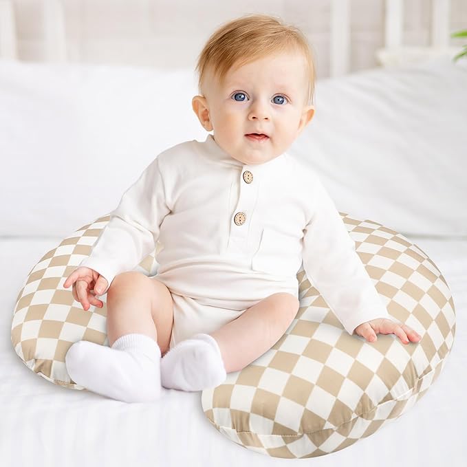 DILIMI Nursing Pillow Cover, Stretchy Removable Case for Breastfeeding Pillows, Ultra Soft Comfortable Slipcover for Baby Girl and Boy, Light Brown Checkerboard