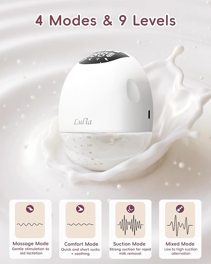Lulia Breast Pump Hands Free, Upgraded Wearable Breast Pump, 380mmHg Strong Suction, 4 Modes & 9 Levels, Quickly Store Milk, 17/19/21/24MM Flanges, 2 Pack
