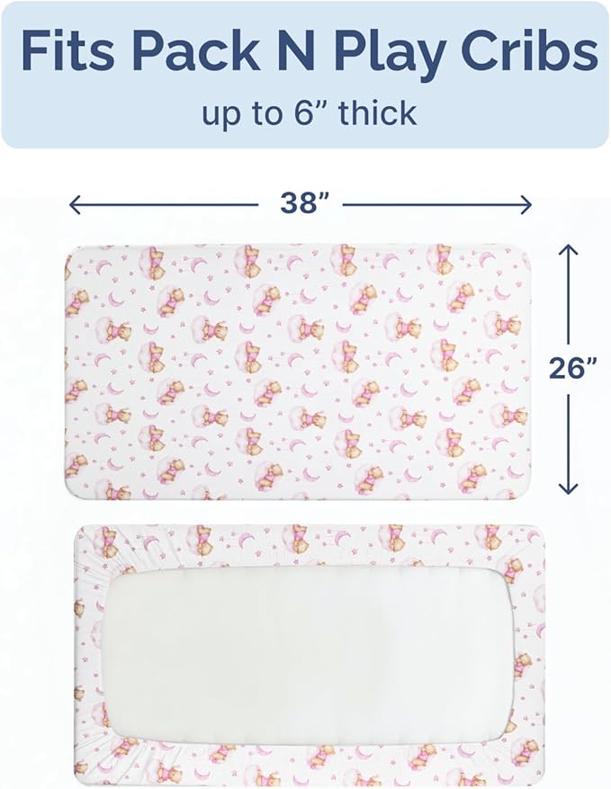 Pack and Play Sheets Fitted - 2 Pack Mini Crib Sheets for Pack N Play Mattress - Unisex Playard Microfiber Bedding for Boys & Girls - Soft, Breathable & Wrinkle Free - Oeko-Tex, 38 x 26in - Dream Bear